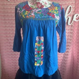 Retro ‘70s Inspired Blue Embroidered Bell Sleeve Peasant Top